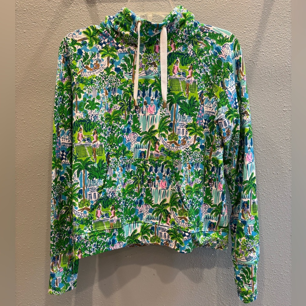 Lilly Pulitzer Blue and Green Tropical Cowel Neck Hoodie